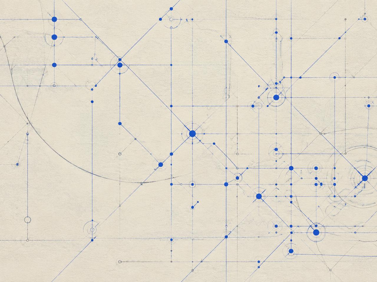 Abstract cobalt blue network lines and nodes drawn on ivory paper