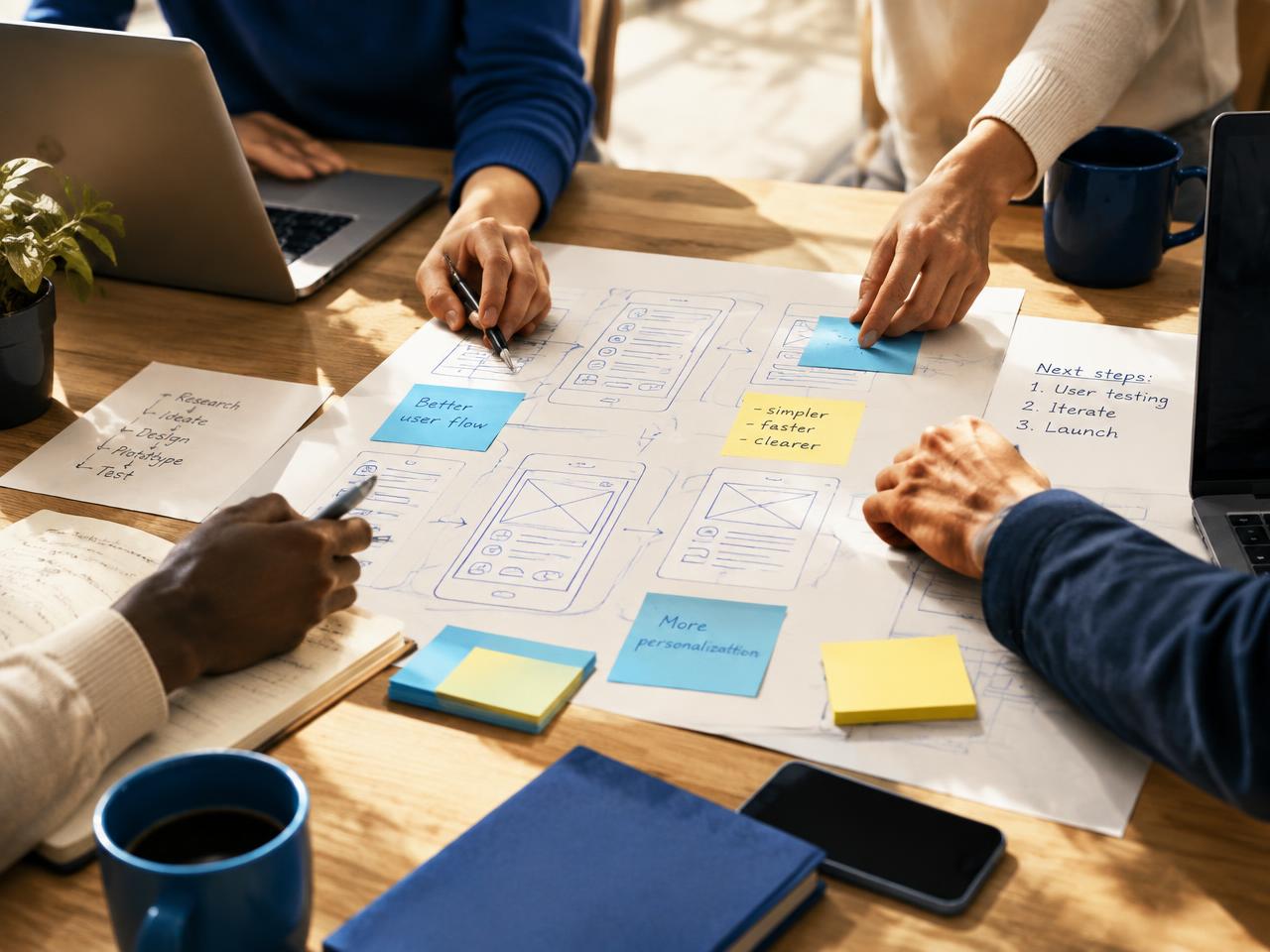 Several people around a table reviewing app wireframes, sticky notes and laptops
