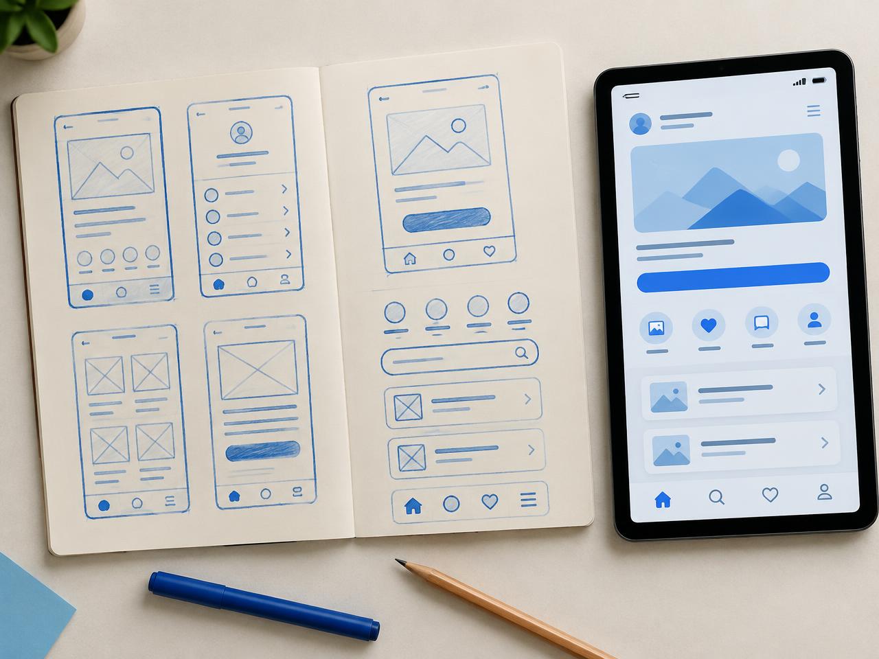 Hand-drawn mobile wireframes in a notebook beside a tablet showing a finished interface