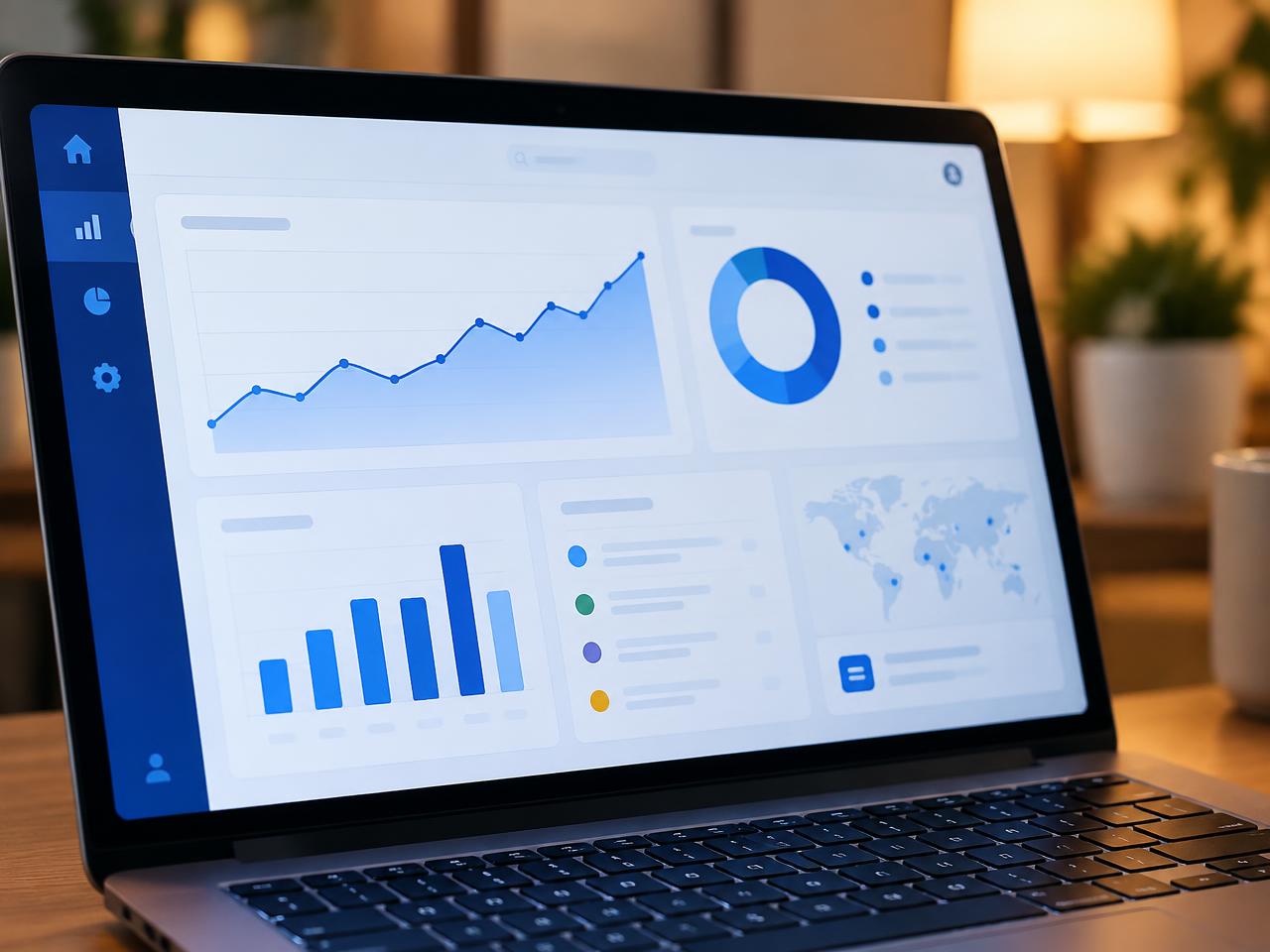 A laptop displaying a clean analytics dashboard with charts and data panels